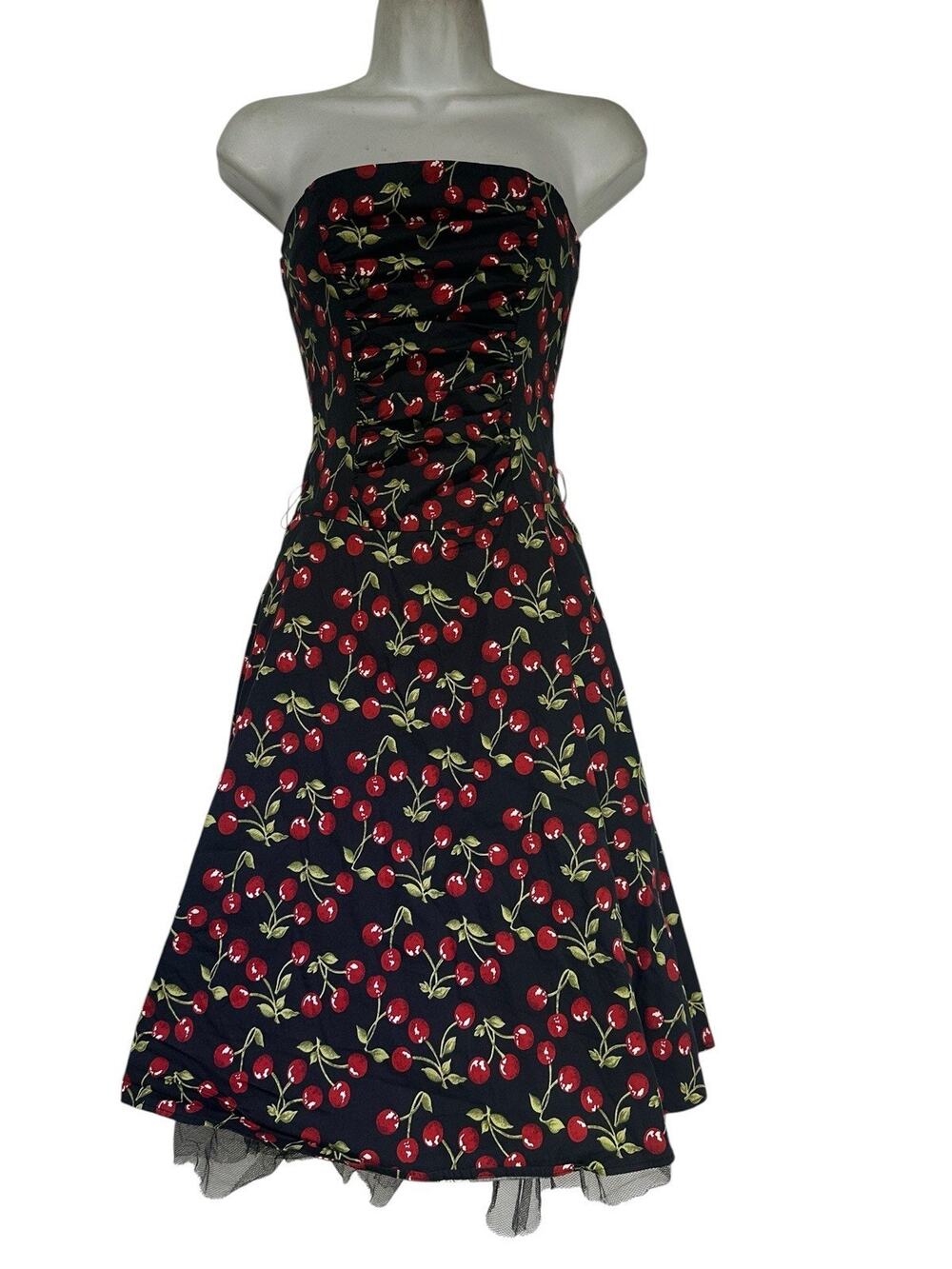 Ruby Rox juniors Size 3 Black Cherry Print Strapless Mini Dress Ruched Mesh Hem